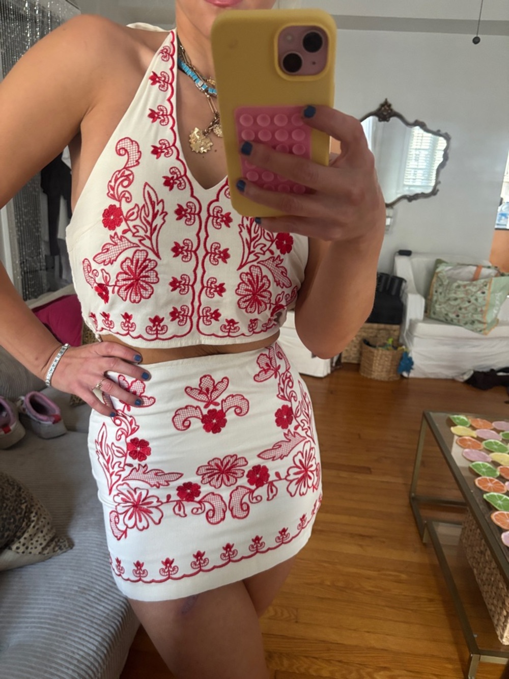 White set w Red Floral Embroidery - Women's Embroidered Mini Skirt & halter top